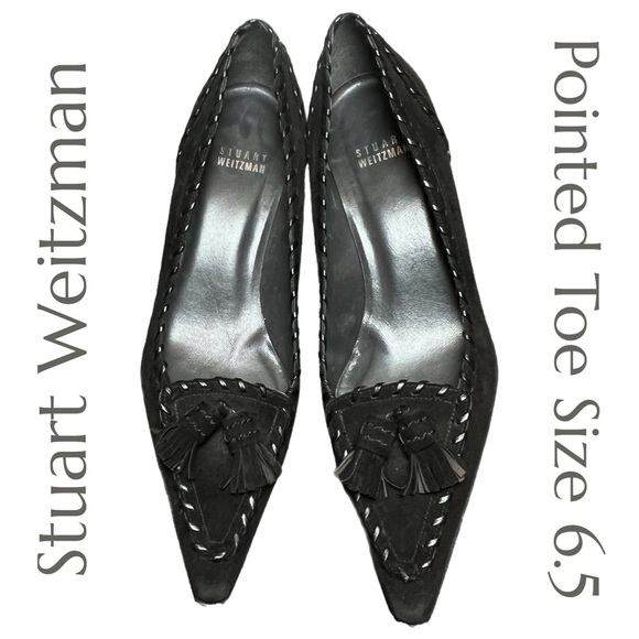 Stuart Weitzman Pointed Toe Heels Black Suede Tassels Size 6.5M - Picture 1 of 16